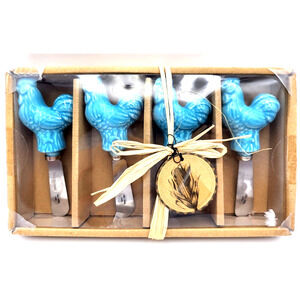 Home Essentials Turquoise Rooster Spreader Shabby Chic Set of 4 NEW Old Stock
